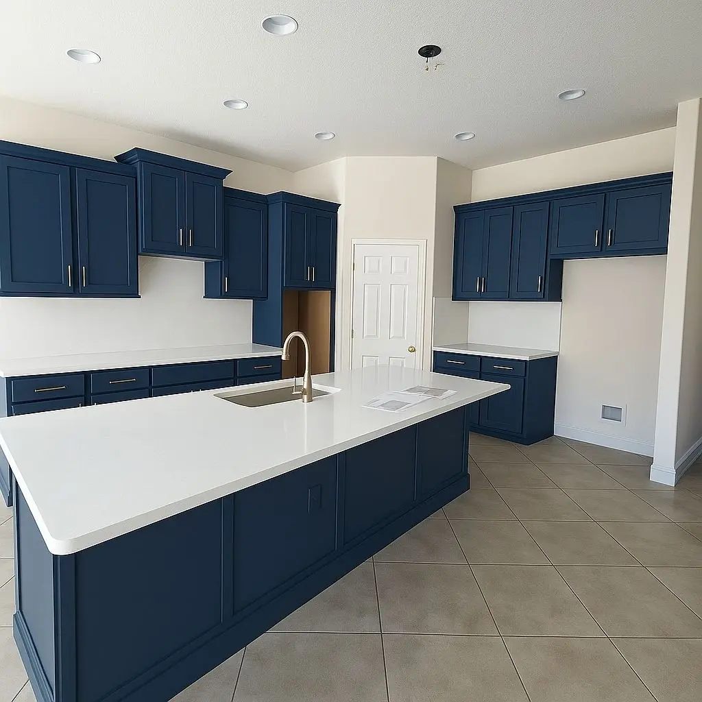 Fresh Look with Navy Cabinets and Quartz Counters